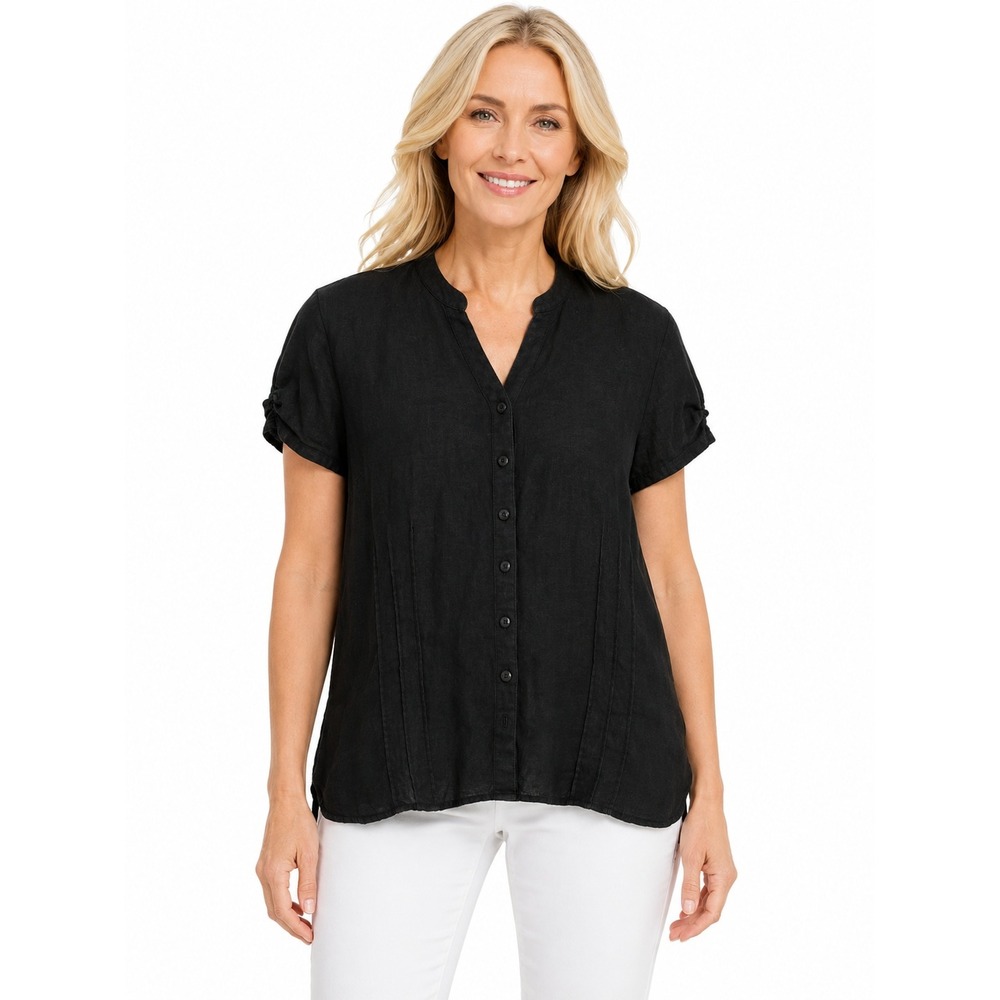 JM Collection Button Down Shirt Womens 14P Black Linen Short Sleeve Pintuck Y2K